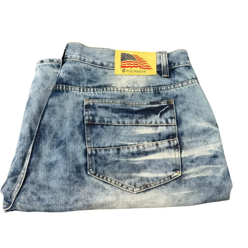 Rocawear Jean Shorts Baggy Fit USA‎ Flag Faded Wash Y2K Mens 50 (50x14 ACTUAL)